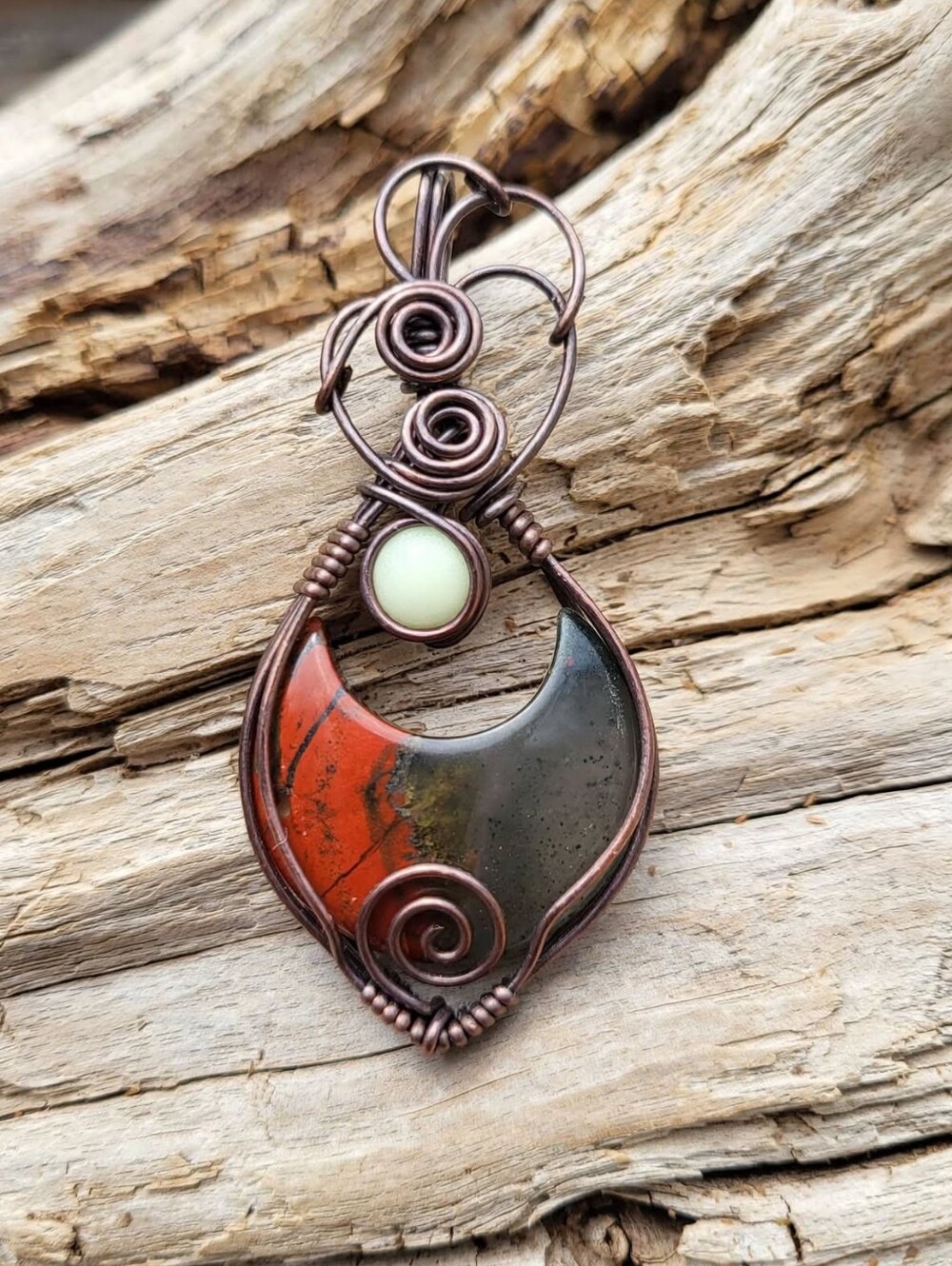 Bloodstone Jasper Moon W/ Glow In The Dark Stone Pendant